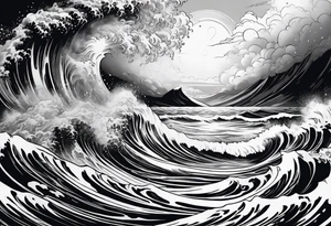 goddess, stormy sea, full length tattoo idea