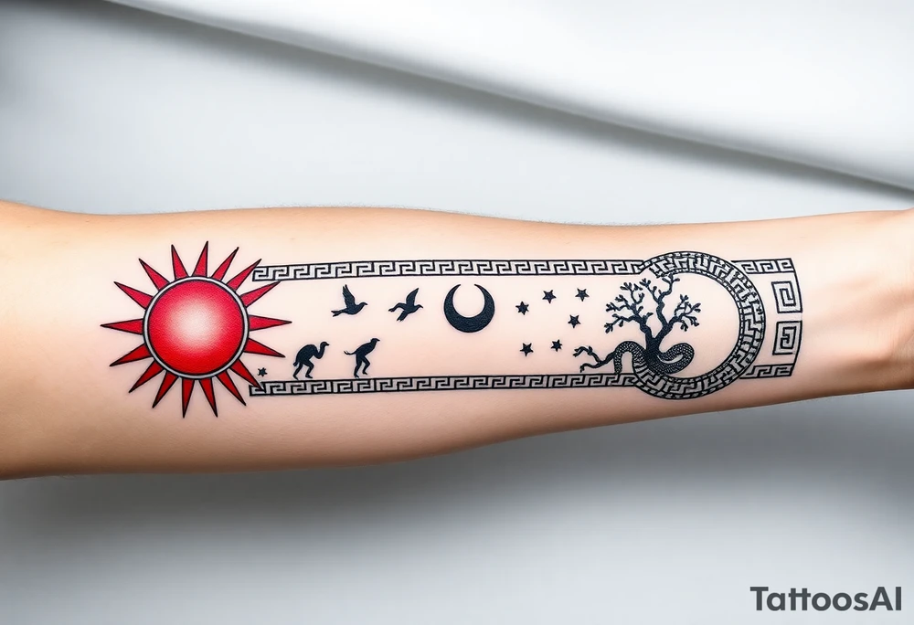 Greek meander tattoo band for forearm, long horizontal design (not a circle), intricate black and red ink. Left side (day): red sun with sharp rays, tiny running human silhouettes, birds. Right side (night): black crescent moon, stars, ouroboros snake. All elements are stylized as part of the meander pattern — symbols emerge from the geometric lines. Hidden details: small all-seeing eye, Tree of Life branches woven into the meander. High-contrast line art, no shading, no background. Inspired by ancient Greek pottery borders, seamless repeat pattern for tattoo sleeve tattoo idea