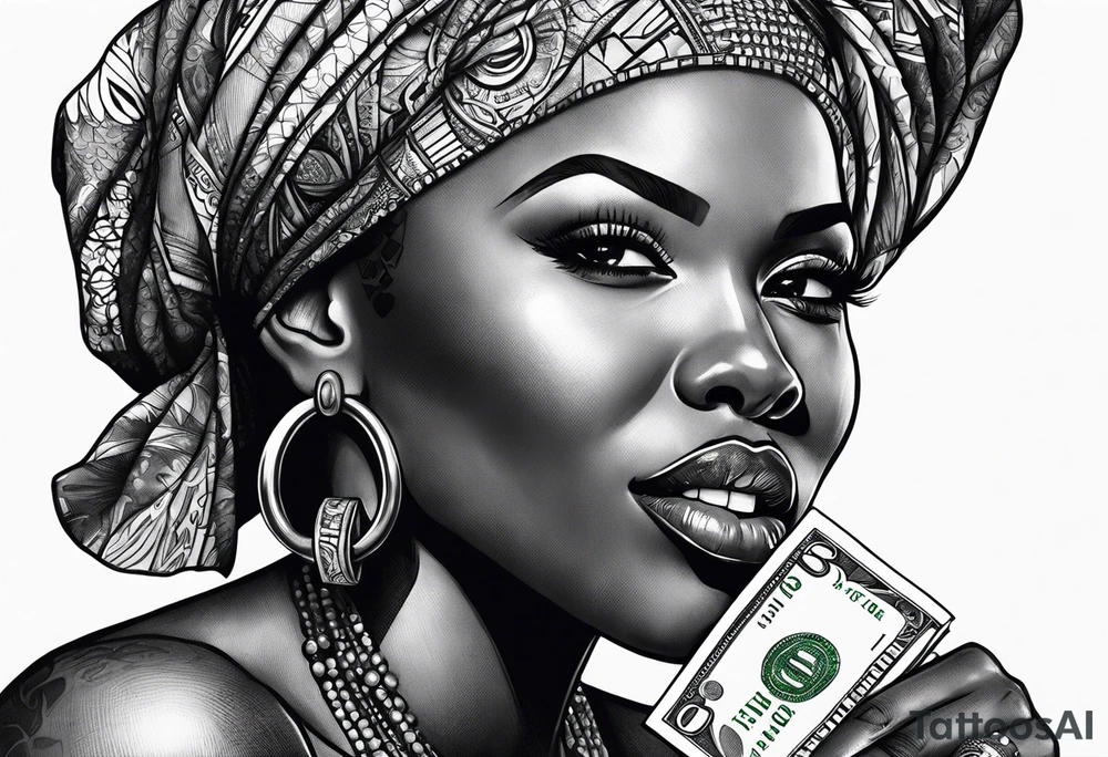 african woman biting money tattoo idea