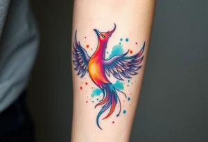 Phoenix in flames with purple, blue, orange, teal and green splashes, looking upwards. No outline. tattoo idea