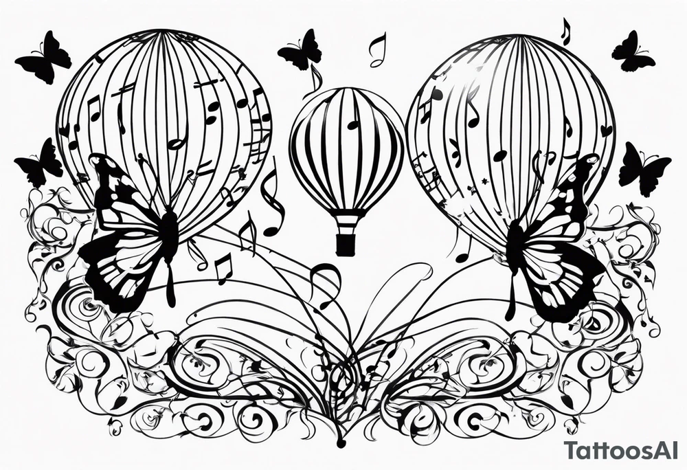 music notes and butterflies with balloons tattoo idea