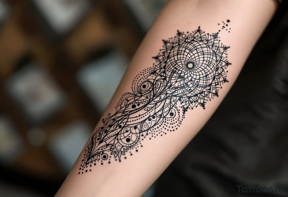 fine-line tattoo, interconnected sacred geometry, multiple mandala fusion, flowing geometric vines, intertwining dotwork patterns, morphing sacred symbols, geometric transformation, overlapping mandala layers, flowing geometric streams, sacred geometry cascade, dotwork connections, radiating interconnected patterns, geometric web, mandala constellation, flowing sacred lines, intertwining geometric forms, dotwork bridges, connected sacred patterns, geometric flow transition, mandala network, artistic geometric fusion, delicate interconnections, black grey shading, no outlines, arm wrap design, organic geometric flow, artistic sacred weaving, geometric poetry, mandala storytelling, interconnected symmetry, flowing sacred architecture tattoo idea