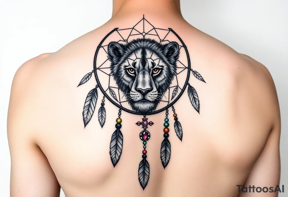 Starting with a circular frame of the dreamcatcher could start at the top of your shoulder, with the lioness’s face as the focal point right on the curve of your shoulder. The feathers and rosary beads could cascade down your arm, following its natural lines. The vibrant LGBTQ colors in the beads would add a striking contrast to the earthy tones of the dreamcatcher and the detailed shading of the lioness. tattoo idea