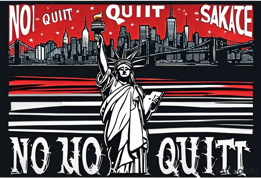 New york city skyline with Statute of liberty head in the background. White outline around head. Below the skyline in grafitti style text "NO QUIT" in the negative white space with shading around it. Put ice skating marks through the text and throughout the image tattoo idea