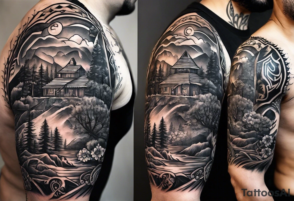 Mexican American inspired that incorporates being a father,  love for son and daughter with the importance of building wealth. Include elements of the Pacific Northwest Forrest on shoulder. tattoo idea