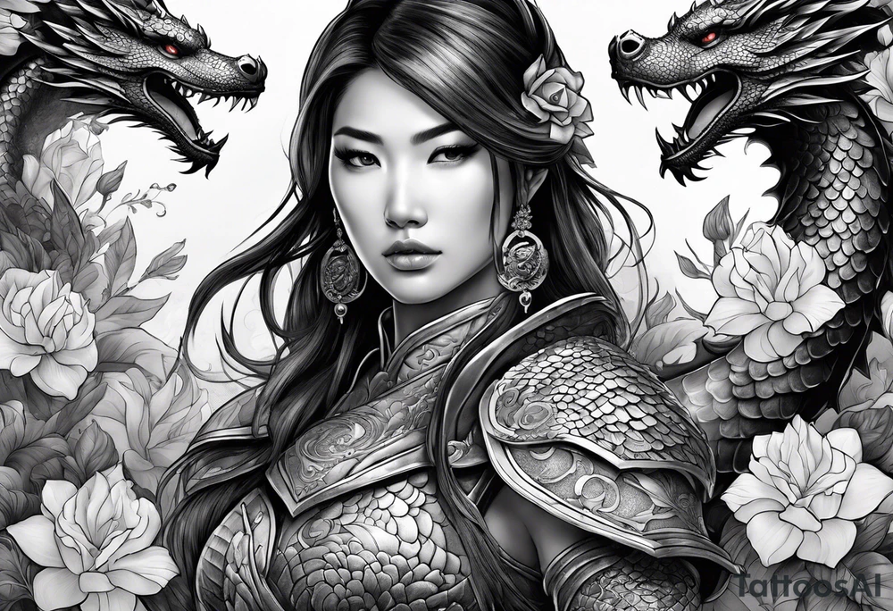 beautiful warrior woman wearing dragon armor and a floral background and a dragon a full picture tattoo idea