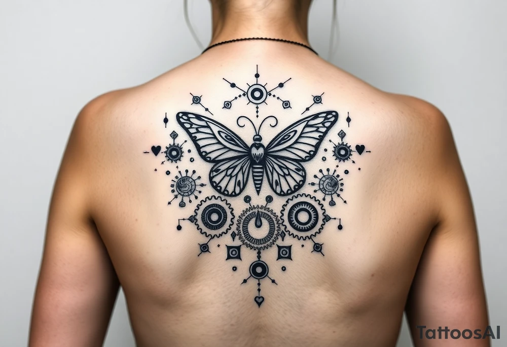 tattoo design for back spine with techno mechanical aspects representing life and eternity.  sprockets gears screws levers hearts circles love universe spiral butterfly tattoo idea