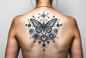 tattoo design for back spine with techno mechanical aspects representing life and eternity.  sprockets gears screws levers hearts circles love universe spiral butterfly tattoo idea