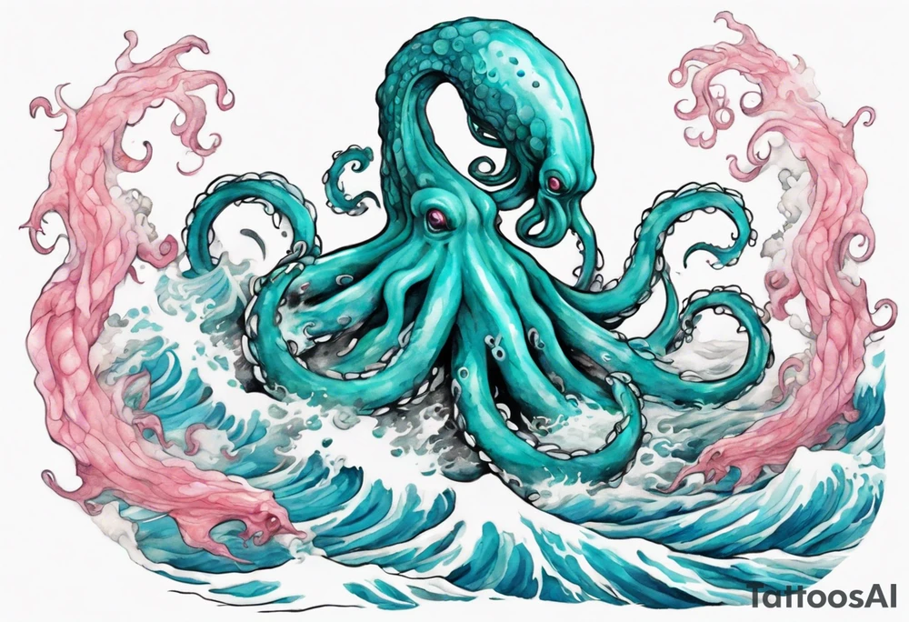 a beautiful turquoise and white and pink kraken rising from the blue waves of the ocean tattoo idea