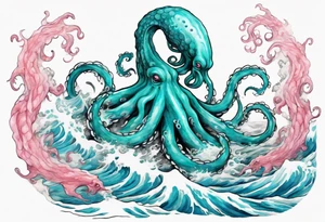a beautiful turquoise and white and pink kraken rising from the blue waves of the ocean tattoo idea
