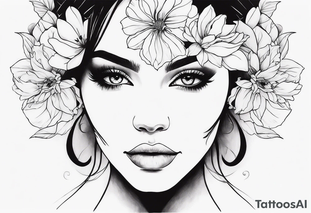 flowers aeound womans face detailed tattoo idea