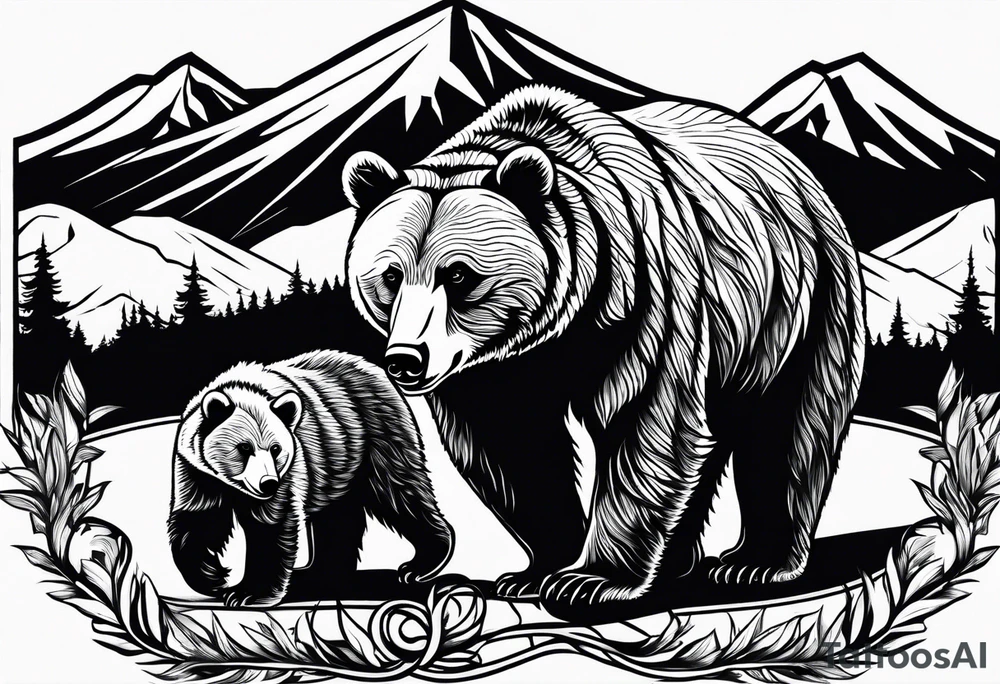 mamma bear and cub with mountains tattoo idea