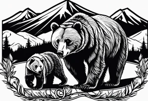 mamma bear and cub with mountains tattoo idea