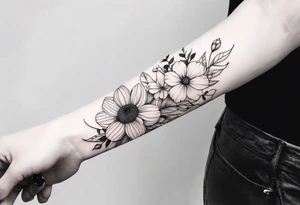 Verticle arm wrap of dainty flowers and leaves with bee forearm tattoo idea