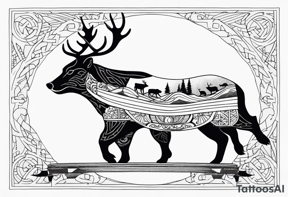 A badger and reindeer on an ark outlined by the map of Mallorca tattoo idea