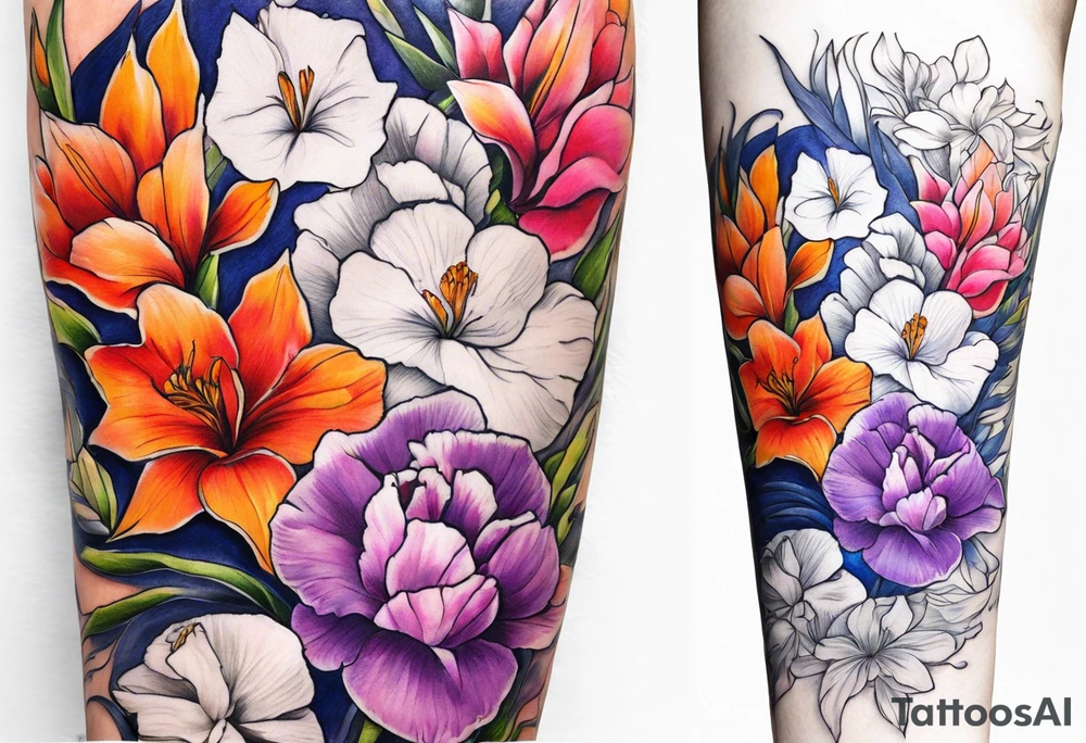 half arm sleeve. floral tattoo of purple gladiolous flowers, pink peonies, red hawthorns, orange marigold, navy blue sweet peas, and white paper white narcissus tattoo idea