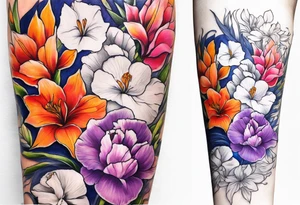 half arm sleeve. floral tattoo of purple gladiolous flowers, pink peonies, red hawthorns, orange marigold, navy blue sweet peas, and white paper white narcissus tattoo idea