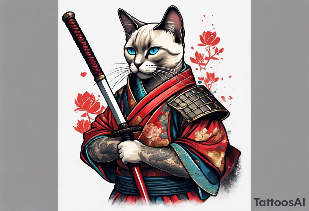 A siamese cat standing up wearing a samurai armor and holding a katana tattoo idea