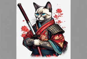 A siamese cat standing up wearing a samurai armor and holding a katana tattoo idea