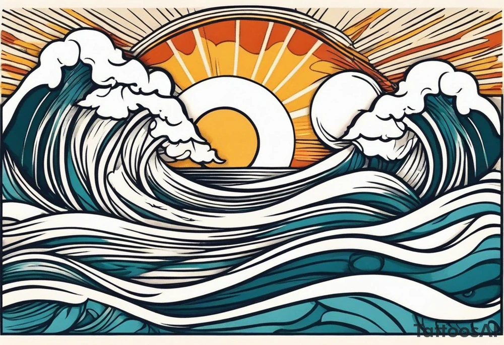 ocean waves with sun tattoo vintage traditional simple and bold colors
within borders tattoo idea