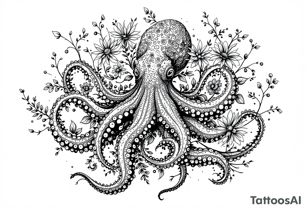 realistic octopus, detailed linework, intricate, black-and-grey shading, surrounded by floral ornaments, intertwining and merging with flowers, thin black swirling lines, semi-transparent brown leaves, dotwork, ornamental flourishes, radiating design, fine-line style, minimalistic, organic flow, feminine, artistic, slightly surreal, seamless composition, marine botanical fusion, lifelike texture, graceful rhythm, smooth shading, soft leaves wrapping, blooming shoulder flower, outward radiating pattern, vine tentacle flow, integrated sea creature, botanical octopus curved body placement, natural organic movement tattoo idea