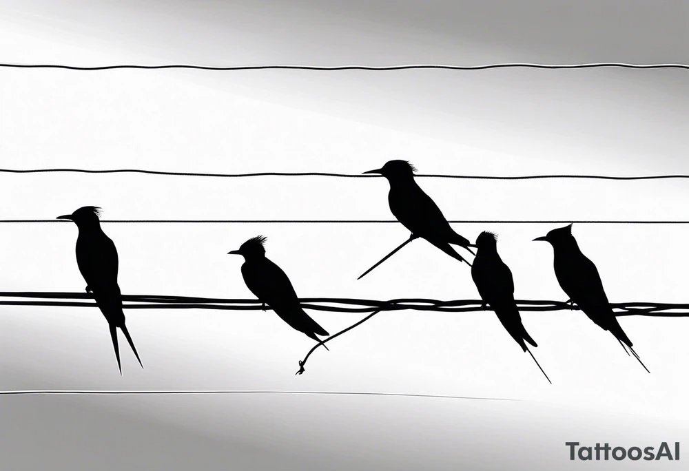 Three Arctic tern Silhouettes on a single power Line. Two are sittintg, one is about to fly tattoo idea
