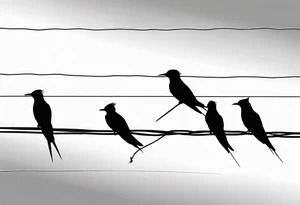 Three Arctic tern Silhouettes on a single power Line. Two are sittintg, one is about to fly tattoo idea