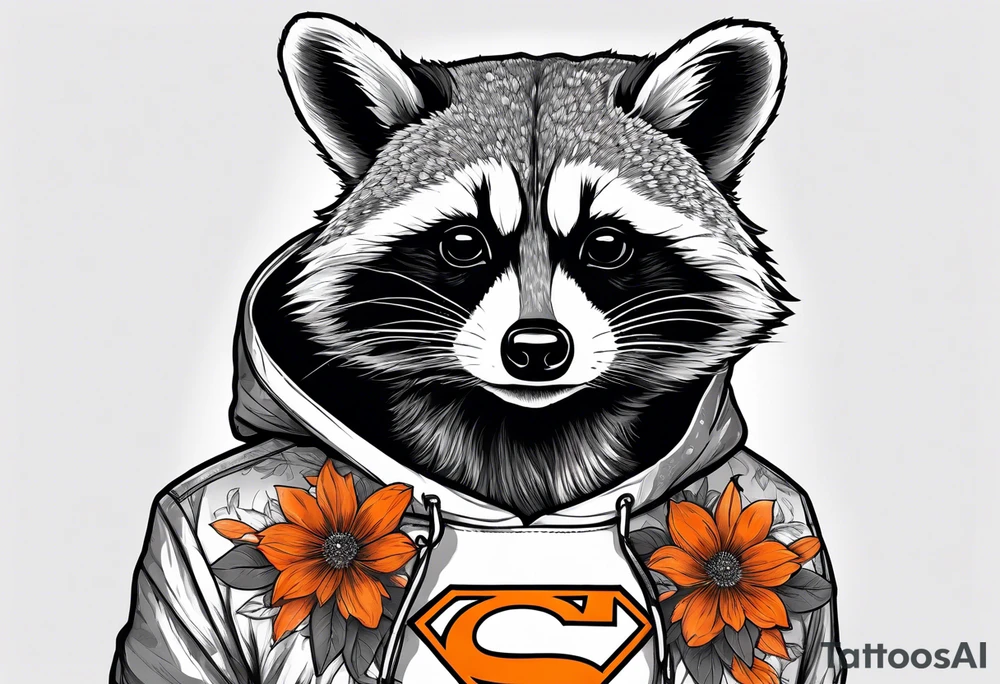 raccoon wearing a Superman hoodie with orange flowers tattoo idea