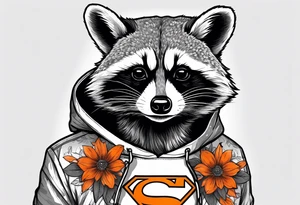 raccoon wearing a Superman hoodie with orange flowers tattoo idea