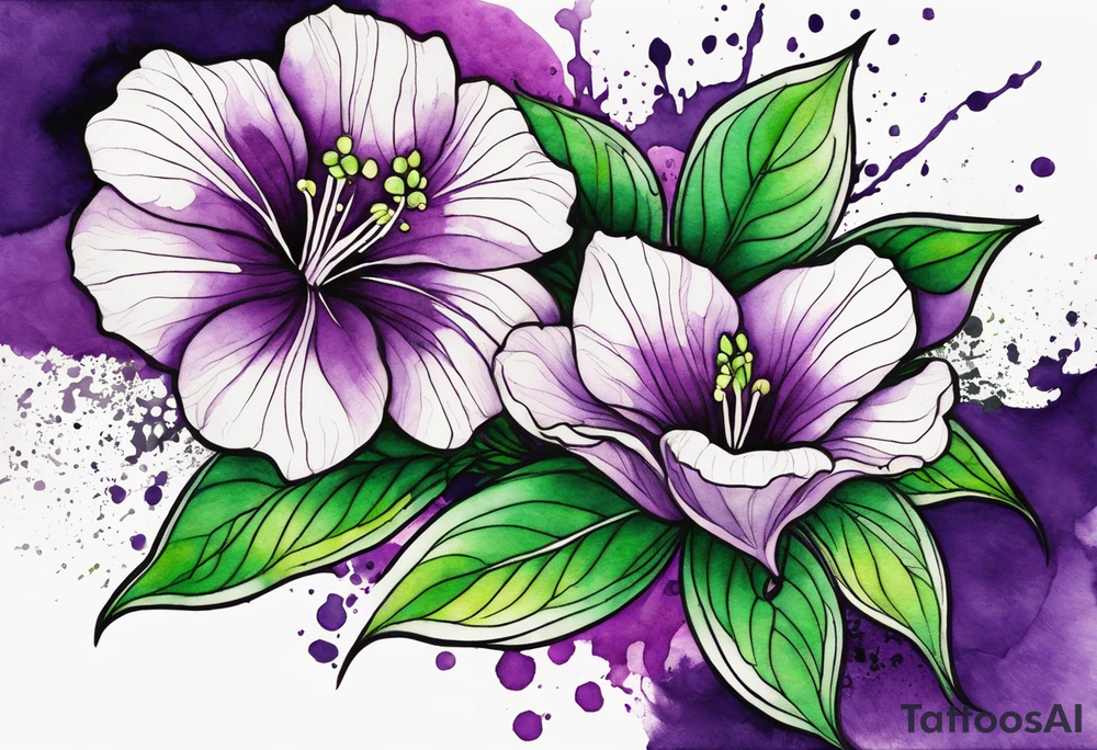 A mystical outline of a green and purple rio dipladenia flower and a green and purple watercolor splash in the background tattoo idea