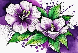 A mystical outline of a green and purple rio dipladenia flower and a green and purple watercolor splash in the background tattoo idea