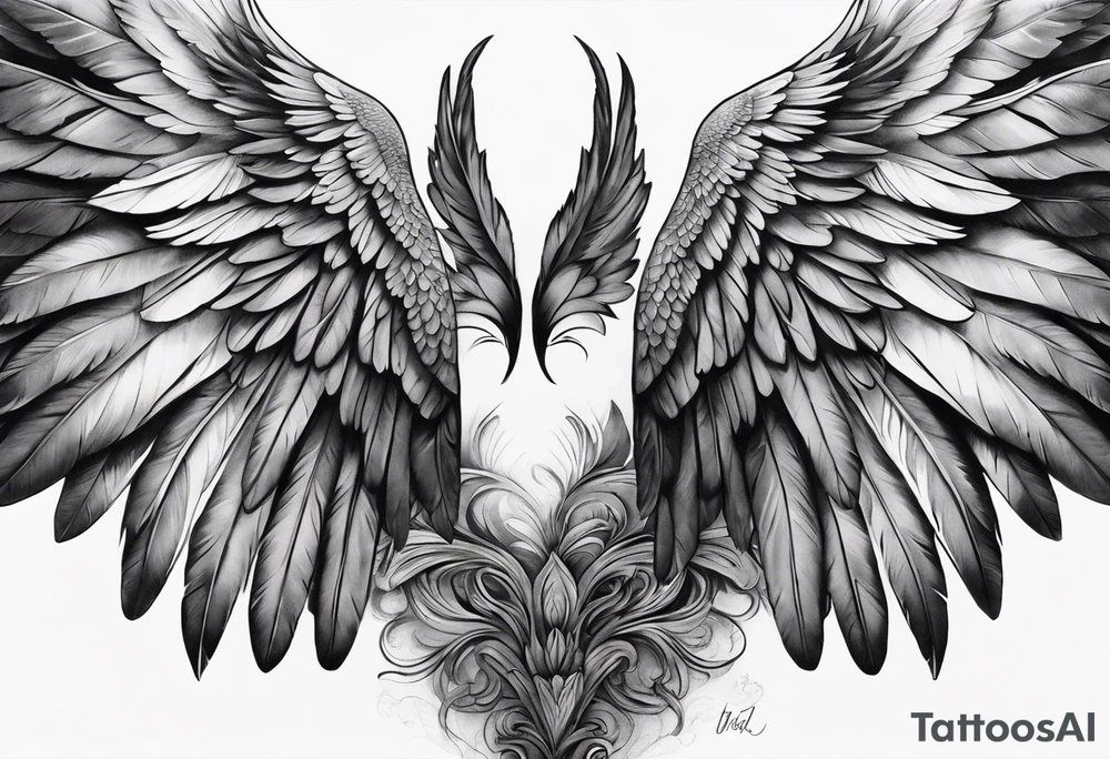 wings extending from a mens shoulders, covering the upper arms and upper back. The feathers are intricately detailed, with soft shading in black and gray to create depth and texture. The wings gently converge in the middle of the back, forming a harmonious and cohesive design. tattoo idea