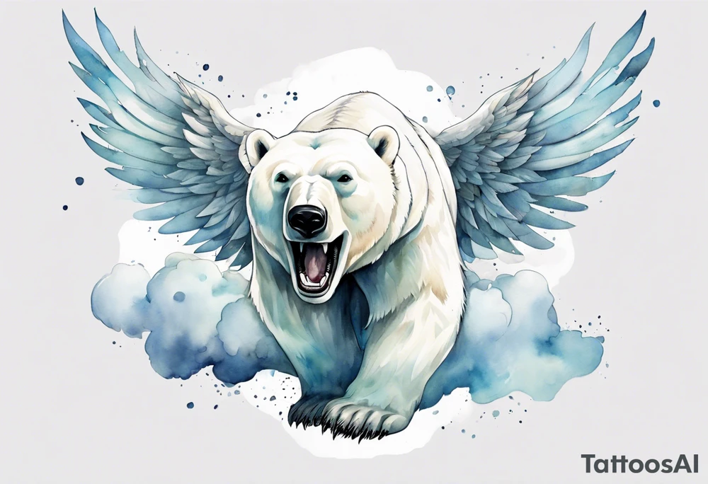a polar bear with wings surrounded by clouds in the sky, laughing tattoo idea