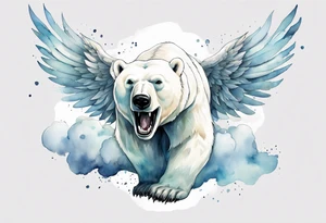 a polar bear with wings surrounded by clouds in the sky, laughing tattoo idea