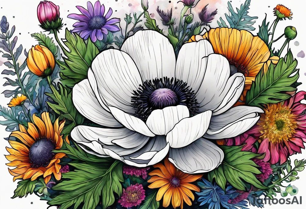 one white anemone with black center in the middle of mixed colorful wildflowers all with different shapes including thistles, ferns, ranuculus, and sun flowers tattoo idea