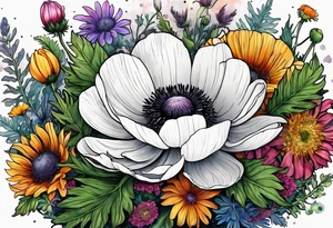 one white anemone with black center in the middle of mixed colorful wildflowers all with different shapes including thistles, ferns, ranuculus, and sun flowers tattoo idea