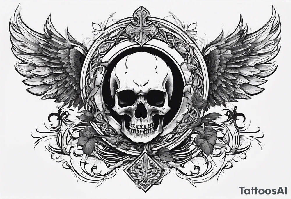 In the center is a half skull pierced by a large sword. On either side of the skull, there are spread angel wings, Beneath the skull is a ribbon with latvian symbols that weaves through both the skull and the sword tattoo idea