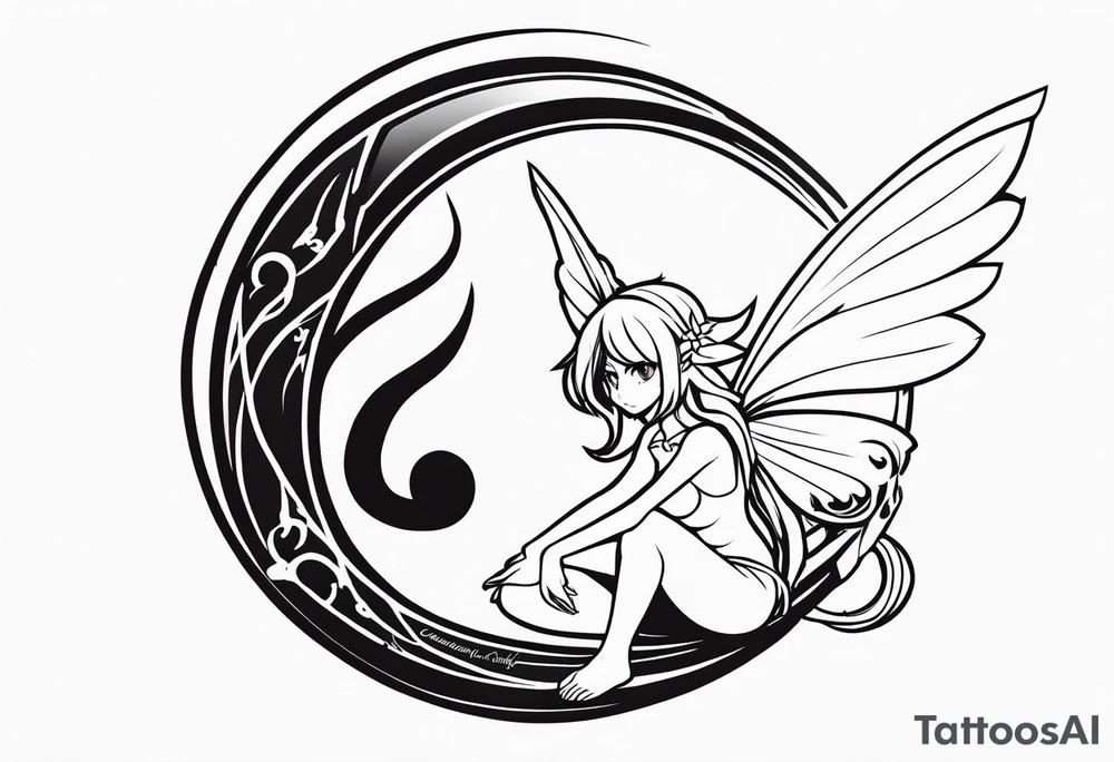 No color fairy with a tail inspired by the guild symbol in the anime show called Fairy Tail in a fetal position leaning in and forward while crawled in tattoo idea