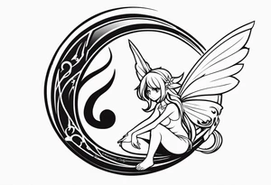 No color fairy with a tail inspired by the guild symbol in the anime show called Fairy Tail in a fetal position leaning in and forward while crawled in tattoo idea
