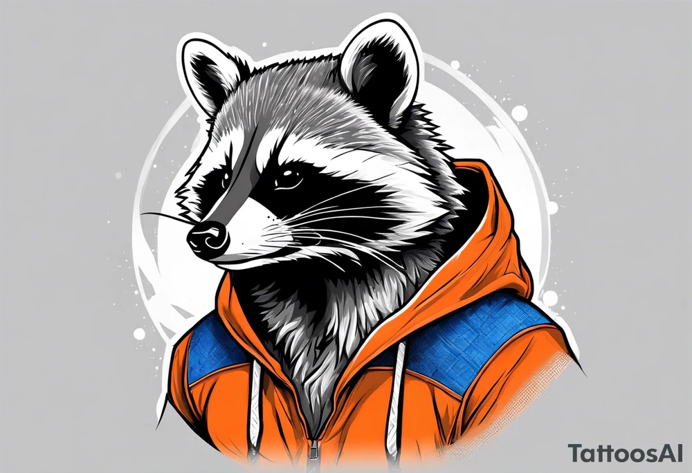 Raccoon wearing an orange Superman hoodie tattoo idea
