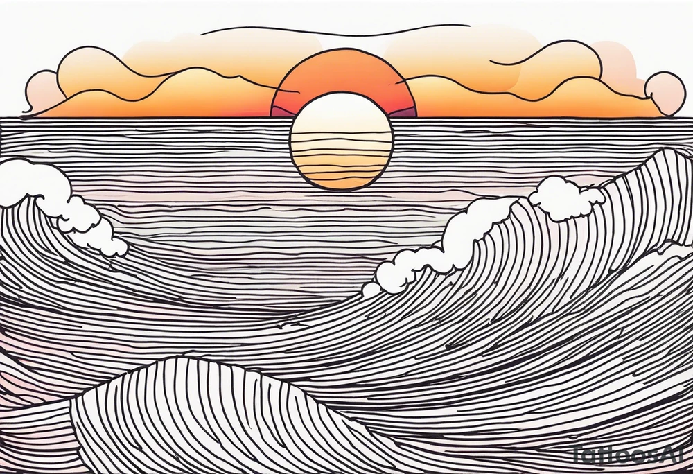 You're adding way too much. hand drawn minimal sunset. Only Ocean and sunset in the image. Very calm waters with barely any waves. tattoo idea