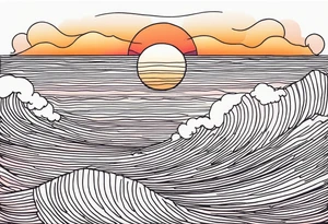 You're adding way too much. hand drawn minimal sunset. Only Ocean and sunset in the image. Very calm waters with barely any waves. tattoo idea