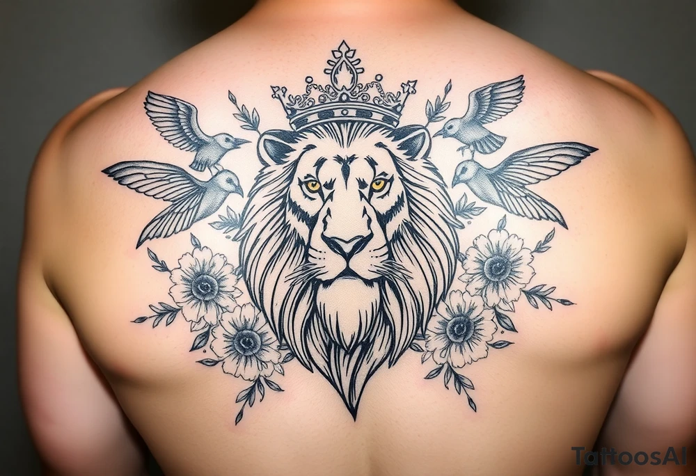 powerful majestic lion with a crown, surrounded by floral ornaments and birds tattoo idea