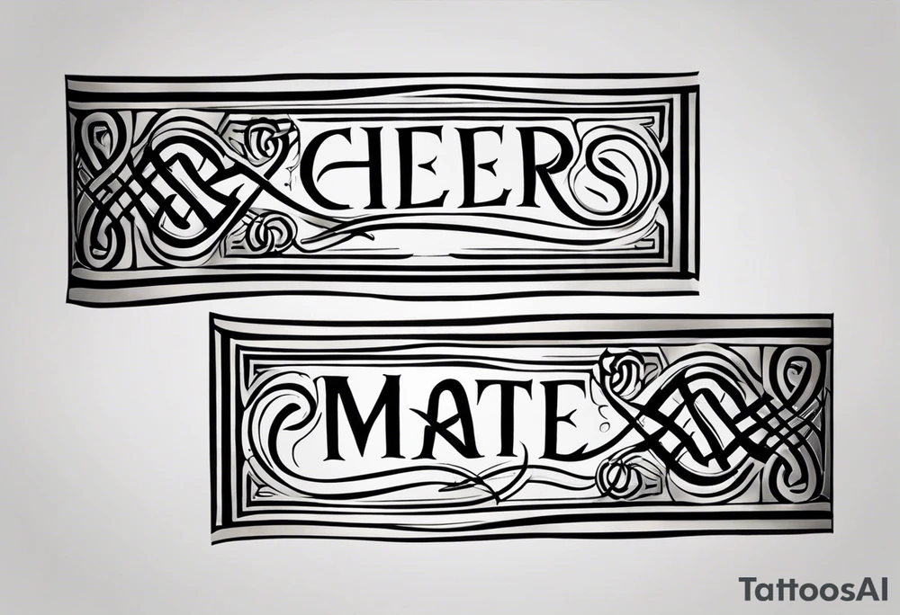 "Cheers Mate" text black and grey ink armband +Celtic +grey Cancer Ribbon +tribal +artistic tattoo idea