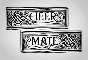 "Cheers Mate" text black and grey ink armband +Celtic +grey Cancer Ribbon +tribal +artistic tattoo idea