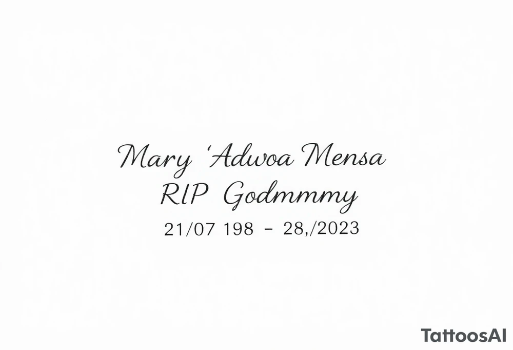 a message saying: Mary "Adwoa" Mensah, RIP Godmummy, 21/07/1958 - 28/07/2023 tattoo idea