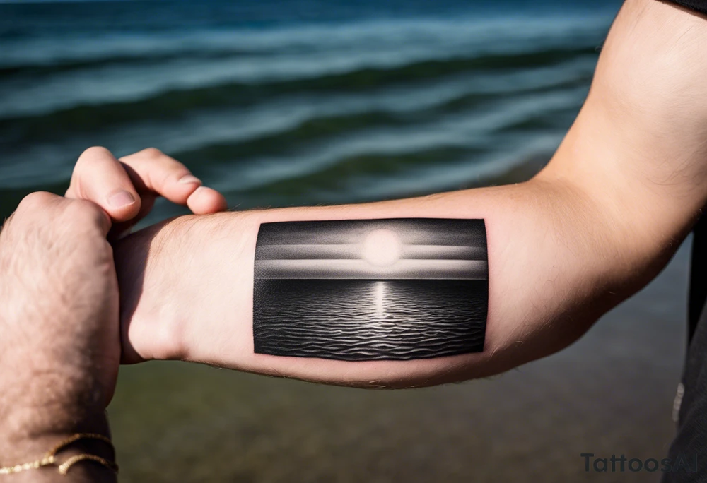 Minimalistic, small, black and white tattoo on male forearm. From the perspective of being on the ocean, the water is calm, with no waves in sight, the sun is setting behind the ocean, reflecting light onto the water. The tattoo in the shape of a rectangle, 4 inches wide by 2 inches tall. tattoo idea