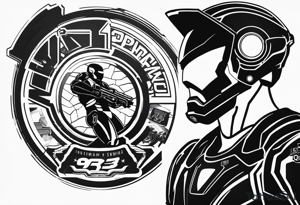 CYBERPUNK QUE CONTENGA EL LOGOTIPO IRONMAN70.3 Y LAS PALABRAS SWIM, RUN Y BIKE tattoo idea