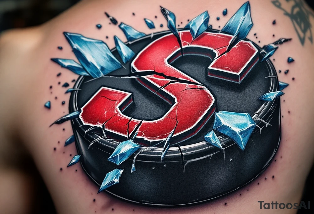 HC Sparta’s red “S” embedded in a cracked hockey puck with frost-blue shards flying outward. tattoo idea