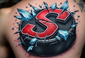 HC Sparta’s red “S” embedded in a cracked hockey puck with frost-blue shards flying outward. tattoo idea